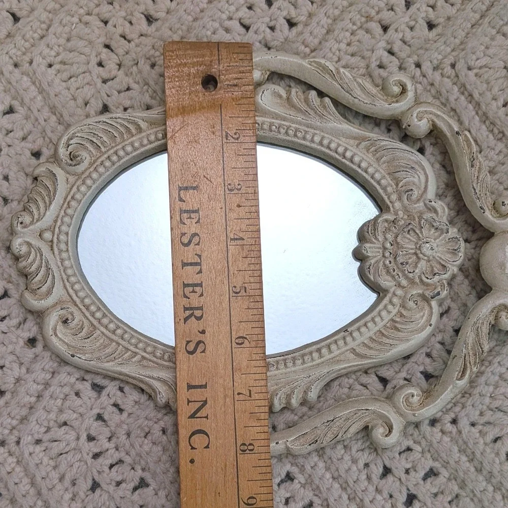 Vintage Ornate Cast Metal Swivel Vanity Mirror Distressed Cream Shabby Chic 13in
